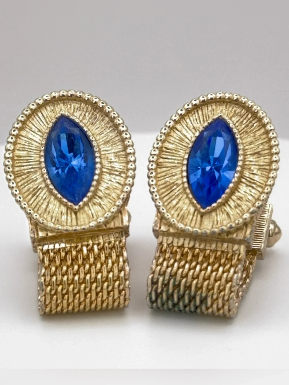 SWANK Gold-Tone Wrap Around Cuff Links with Blue Marquise Style Rhinestone